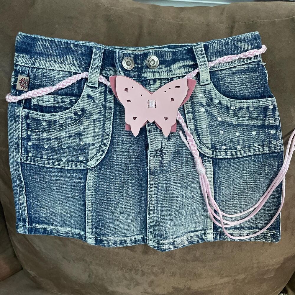 Paris-blues Girls stretchy denim skort with butterfly belt